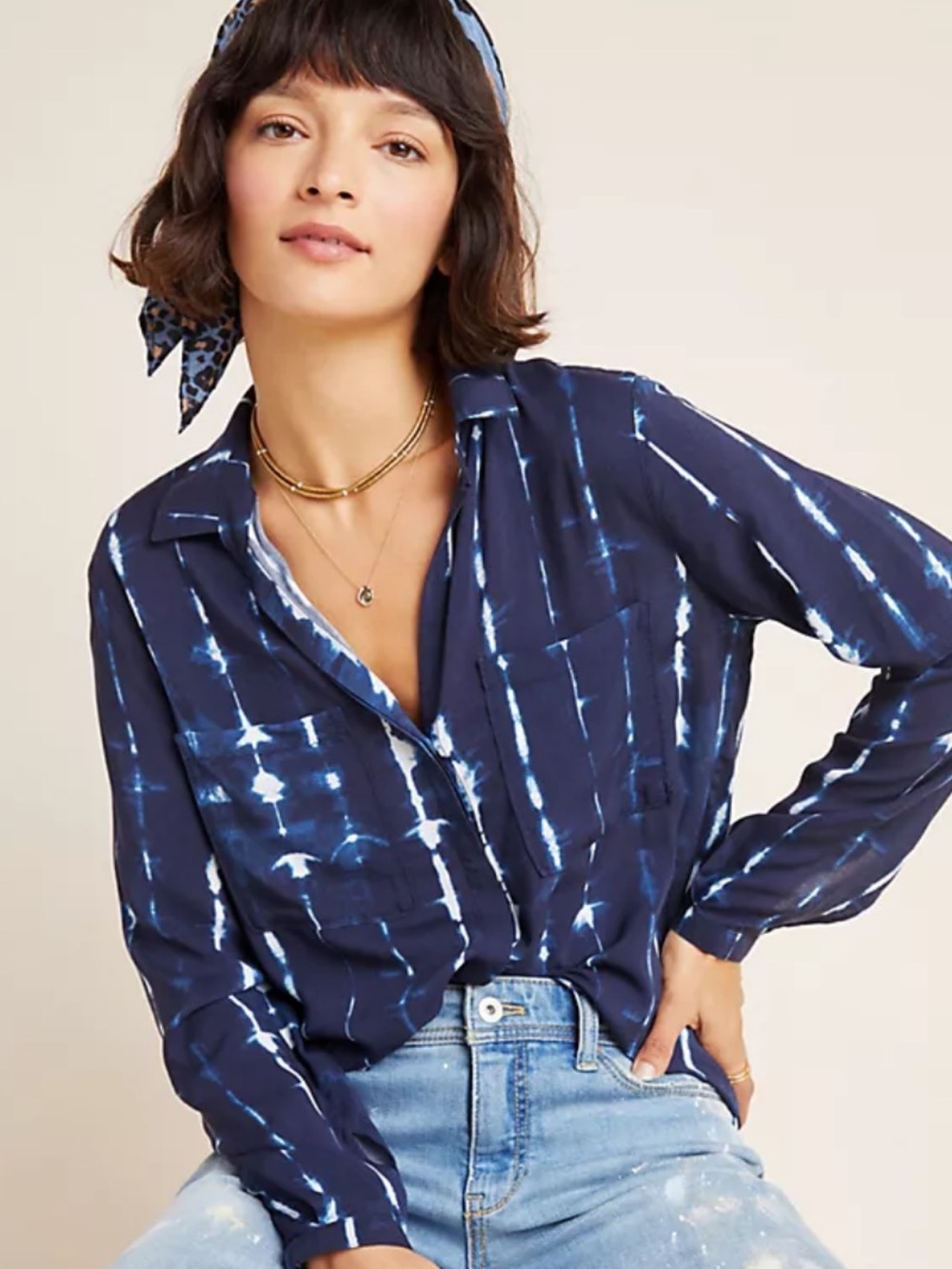 Cloth & Stone Tie-Dye Button-Up Blouse - Navy and White